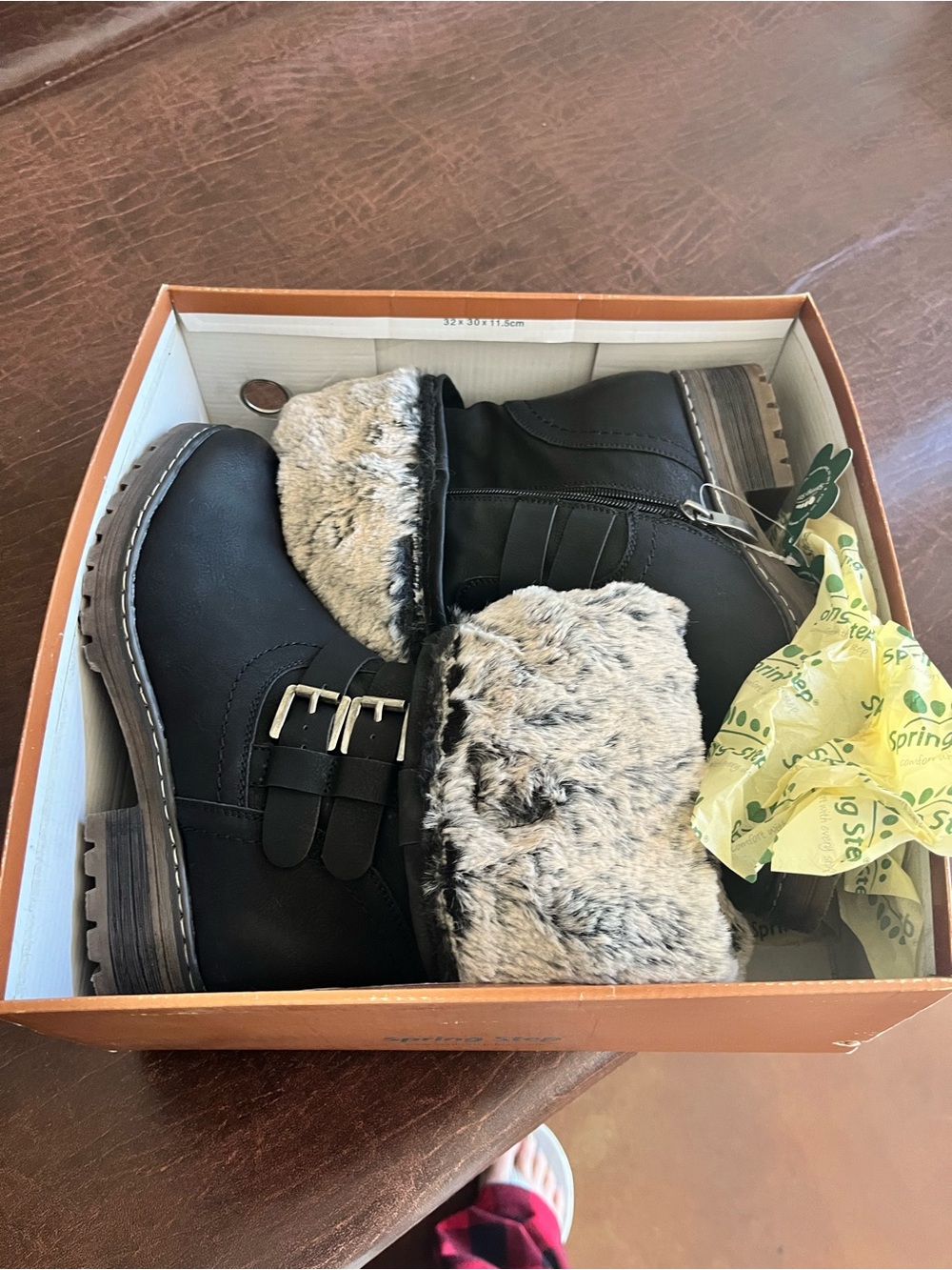 Spring Step Black Faux Fur Cuff Ankle Boots